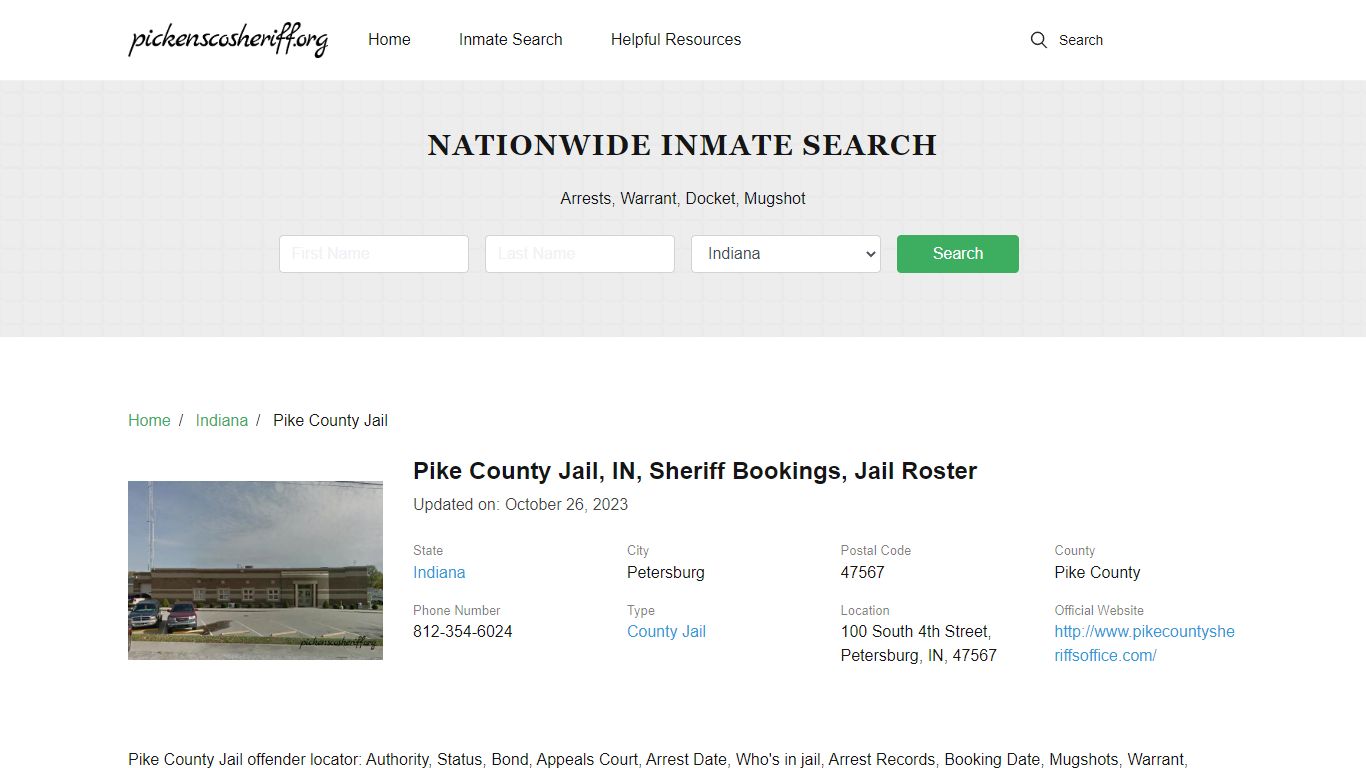 Pike County Jail, IN, Sheriff Bookings, Jail Roster - Pickenscosheriff.org